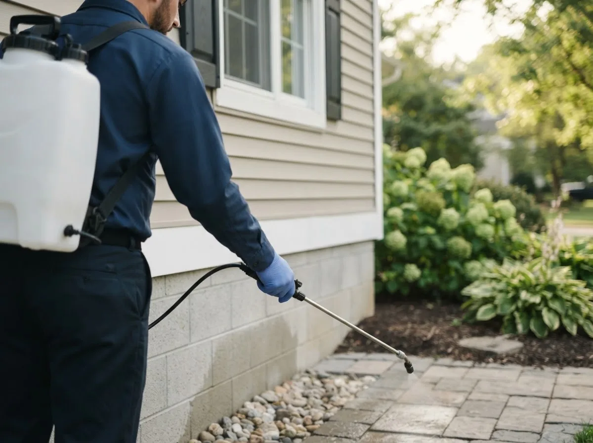Pest control technician inspecting a home in Chilhowee, MO